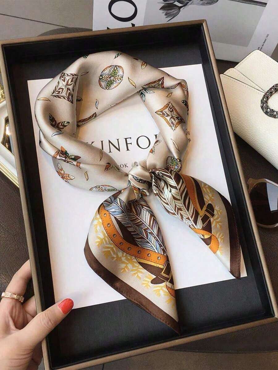 1pc Women's Luxury Patterned 27.5" X 27.5" Silk Bandana Scarf, Elegant Fashion Design, Versatile Neck Wrap, Hair Band, And Headband, Ideal For Daily Wear, Casual Outfits, And Chic Styling, Lightweight And Stylish Accessory - 淺褐色的 - 查看 1