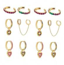 6pcs High Quality Colorful Cubic Zirconia Heart Dangle Earrings For Women - Ouro * 2 - View 4