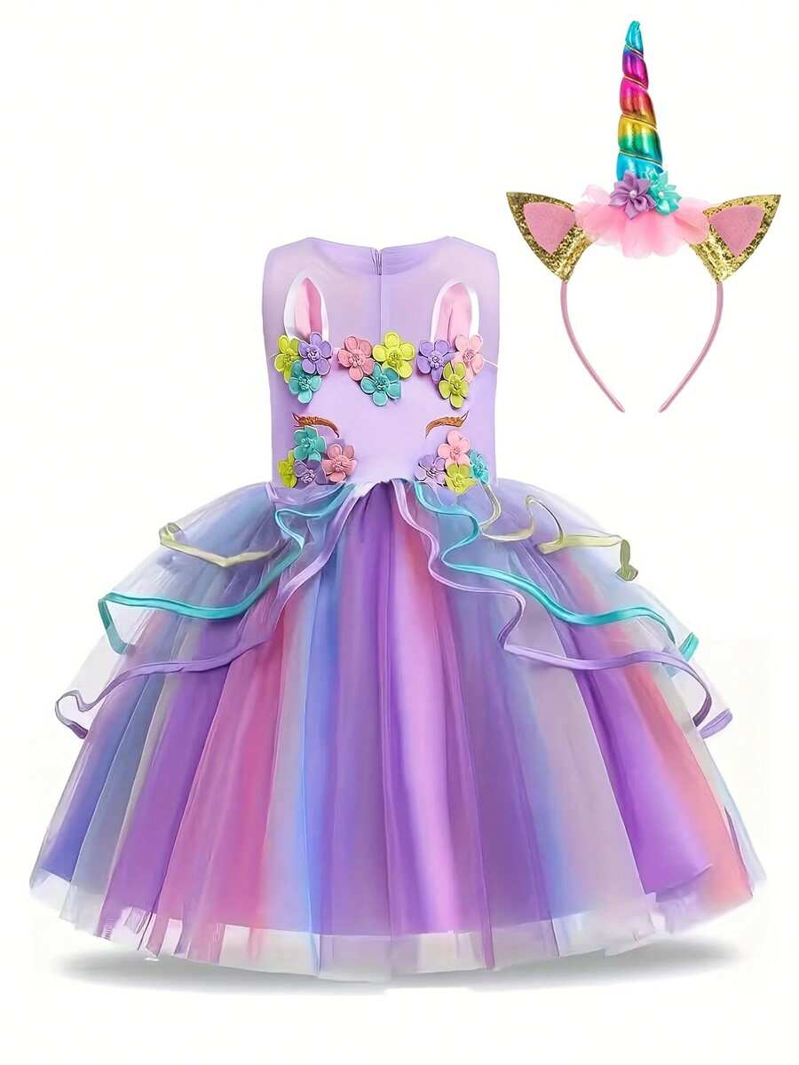 Girls Unicorn Princess Dress, Cute Floral Unicorn Print Mesh Tutu Princess Dress With Chiffon, Suitable For All Seasons - Nhiều màu - Xem 1