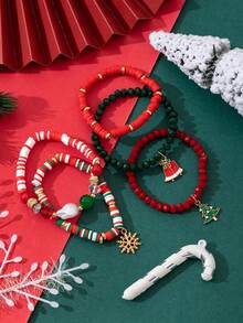 5pcs/Set Christmas Glass Bead, Crystal & Pearl Combination Beaded Elastic Bracelet, Fashion Christmas Gift For Women