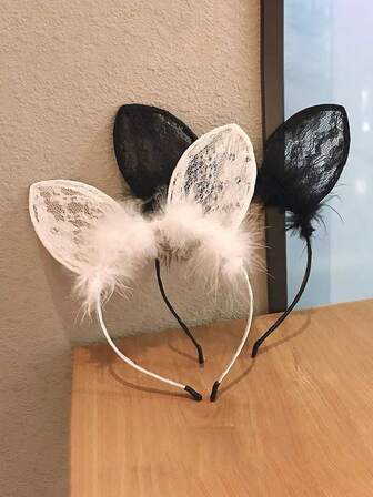 1 pieza Diadema con orejas de gato de encaje lindo - Diadema con orejas de conejita sexy para lavarse la cara y maquillarse, accesorio de disfraz para juegos de rol