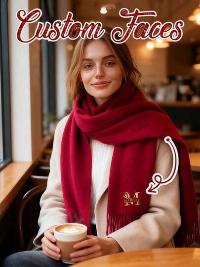 Customized Unisex Embroidered Solid Color Faux Cashmere Warm Scarf, Personalized Embroidered Floral Long Shawl With Tassels, Christmas Accessory, Daily Fashion, Colorful, Retro, Minimalist, Fashionable For Autumn, Ideal Customized Gift For Him/Her