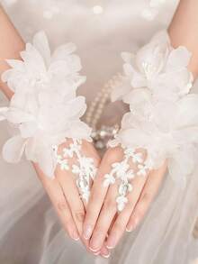 White Bridal Finger Ring Gloves, Suitable For Wedding, Party, Evening Dress Accessories (Rhinestone Decoration Random), Autumn Accessories, Polyester Fiber Material, Suitable For Wedding, Proposal, Photography And Other Occasions. - Multicolor - View 4