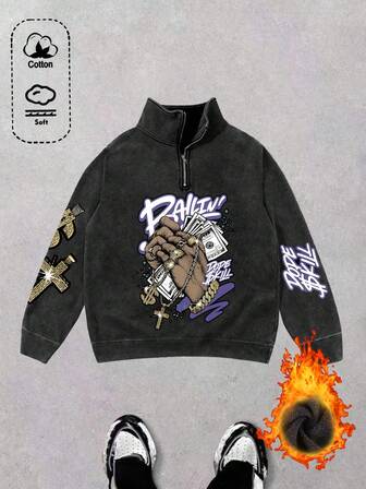 Herrtröja med "Vintage Poster"-motiv och dragkedja, långärmad