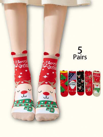 5 Pairs Unisex Christmas Flag, Reindeer, Christmas Tree Cartoon Cute Mid-Calf Socks, Autumn/Winter