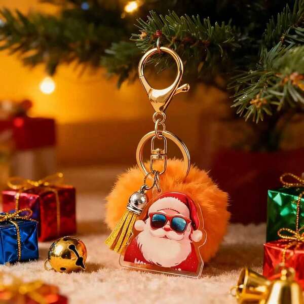 2D Christmas-Style Acrylic Keychain, A Creative Combination Of Cool Santa Claus With Sunglasses, Gingerbread Man, Fluffy Pom-Pom And Tassel Gift