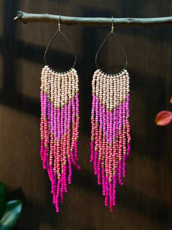 Handmade Geometric Metal Hoop Seed Bead Tassel Earrings, Bohemian Glass Beaded Dangle Earring Hooks, Fashion Jewelry Accessories, Versatile For Daily Wear, Gift For Friends, Music Festival