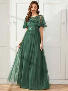 EVERPRETTY Elegant Floral Sequin Ruffle Sleeve Dress, Mesh Formal Gown Suitable For Cocktail Party, Spring/Summer Wedding Guest, Party And Valentine's Day Occasions - Olive Green - View 2