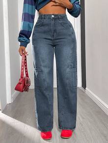 Seasonal Payment In Spring And Summer | Women's Casual Denim Straight Leg Jeans With Pocket Detail Long Non-Stretch Button Front Design - Màu xanh và đen - Xem 2