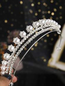 1件银色珍珠水钻双层皇冠，经典新娘婚礼头饰，正式场合皇冠 - 銀色 - 查看 8
