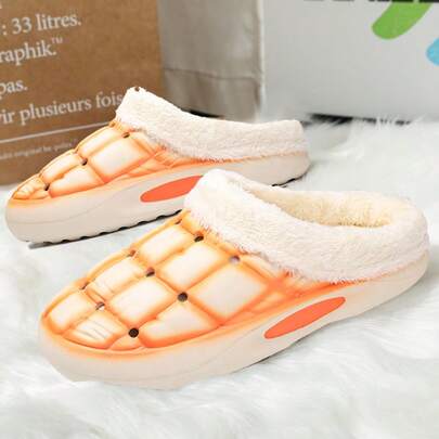 W 1 Pair Solid Color Casual EVA Flame Warm Slippers, Home & Indoor Wear For Winter