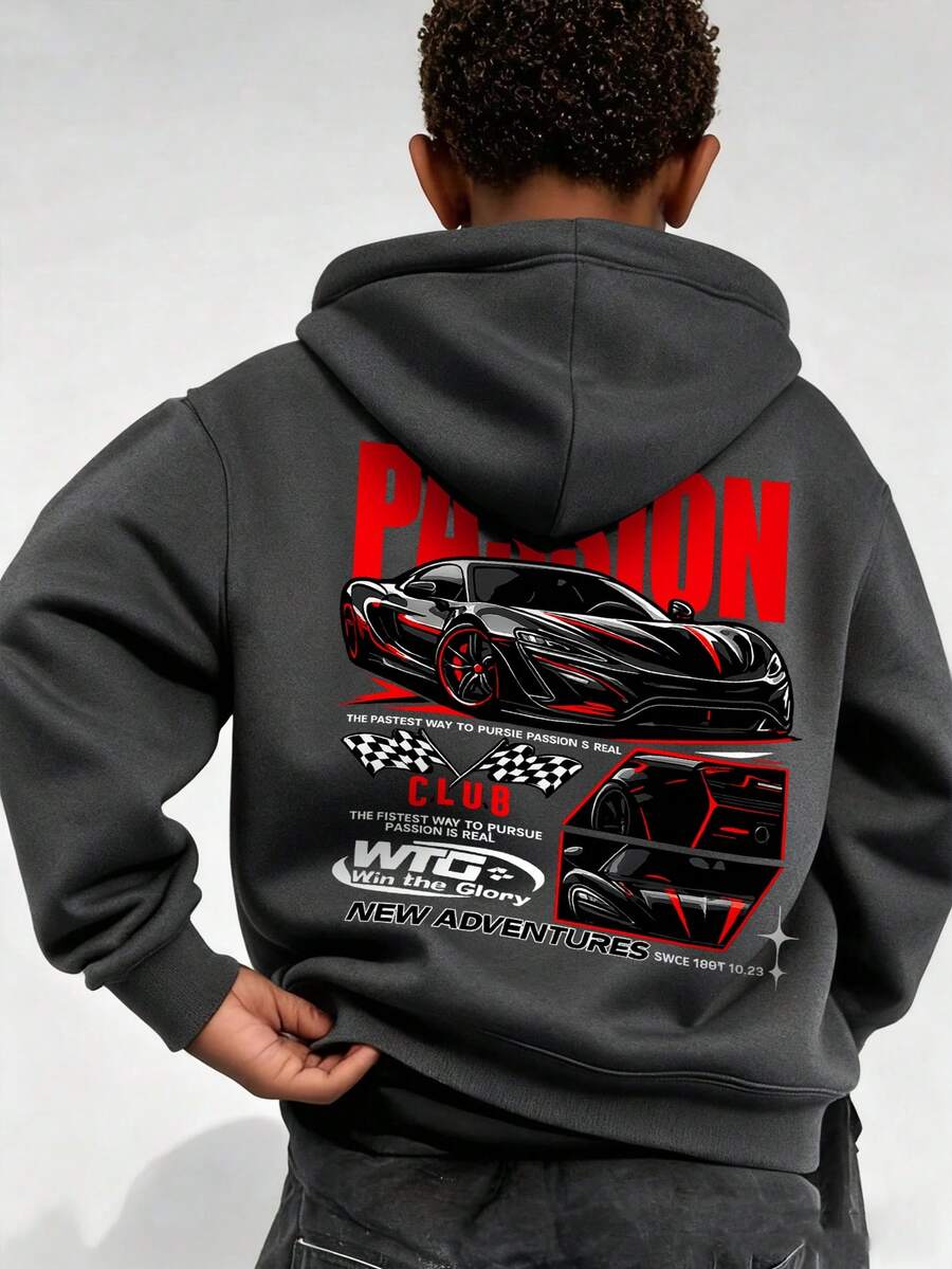 1pc Tween Boy Casual Printed Pullover Sweatshirt, Thermal Lined, Long Sleeve, Autumn/Winter - Dark Grey - View 1