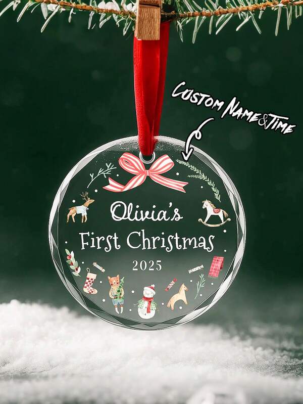 Personalized First Christmas Ornament 2025 Custom Name Gift For Newborn Girl Or Boy Glass Heart Or Round Ornament Keepsake