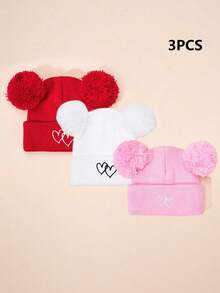 3pcs/1pc Embroidered Double Pom Pom Heart Knit Beanie, Ski Warm Baby Boys Girls Unisex Hats, Y2K Style Outdoor Cold-Proof Knit Cap, Casual Versatile Winter Warm Beanies, Suitable For Costume Kids