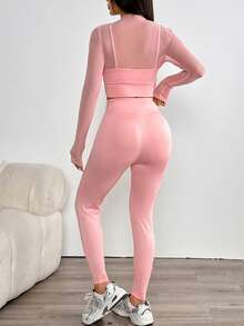 2 件性感网眼 T 恤和裤子套装，休闲运动装 - 粉色 - 查看 2