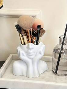 1 Caja de almacenamiento de brochas de maquillaje Awaoko - Una elegante caja de almacenamiento facial con ranuras para brochas de maquillaje, sin necesidad de montaje, adecuada para uso doméstico, salón y oficina - Compatible con brochas de maquillaje, lápices de cejas y lápices labiales - Decoración de mesa de arte de uñas moderna, diseño artístico, construcción ligera, compacta y práctica, accesorio de salón, organizador del hogar