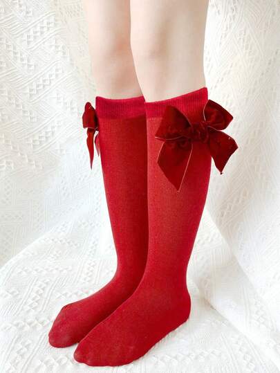 1 双女孩蝴蝶结装饰中筒袜，四季皆宜，舒适