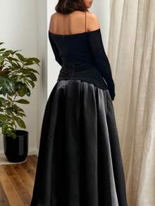 فستان طويل بياقة حلقية وخصر ضيق بطراز فرنسي رجعي أنيق، فستان طويل للنساء بتزيين معدني أسود مفتوح الكتف، مناسب للسهرات والأعياد مثل عيد الميلاد وعيد الشكر