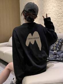 女士宽松棉质字母卡通印花长袖T恤，百搭春秋季