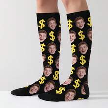 1 Pair Customized Face Socks, Customized Photo Socks, Customized Printed Socks, Print Any Face On Socks, High-Quality Men's Socks Suitable For Anniversary Gifts, Halloween, Christmas, Unique Gifts For Brides, Gifts For Boyfriends, Couples Dollar Pattern Printed Socks, Women's Knee-High Socks, New Thick Long Socks For Autumn/Winter, Calf Socks