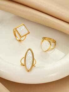 3pcs Stainless Steel Gold-Tone Geometric Shape With White Gemstone Rings Set, Suitable For Women's Daily Wear Or Gift - Yellow Gold - View 3