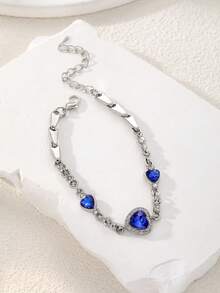1 pieza Brazalete y aretes con cristal de zirconia en forma de corazón de color azul zafiro brillante como regalo de joyería para el Día de San Valentín para mujeres