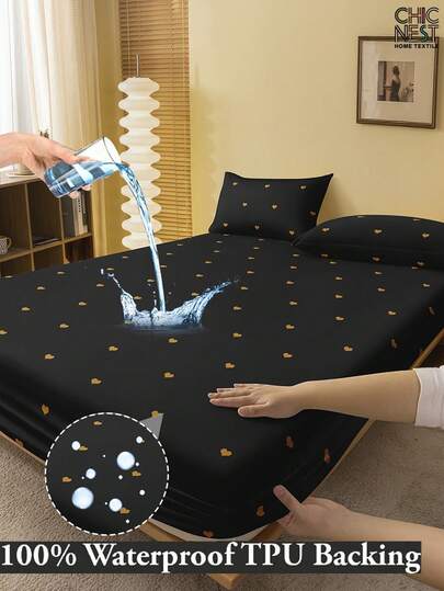 1pc Black Heart Pattern Waterproof TPU Fitted Mattress Protector Cover, Soft & Breathable, Fits Twin, Full, Queen, King Size Beds Up To 11.8" Deep Pocket, Washable, Suitable For Dorm, Guest Room, Back To School Bedding