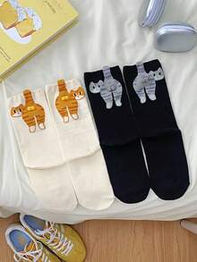 2 Pairs Fashionable Personalized Funny Cute Cat Egg Design Unisex Mid-Calf Leg Warmers Set, Suitable For Daily Wear, Campus, Party, Halloween, Christmas, Thanksgiving, Valentine's Day, Birthday Gift - Multicolor - View 7