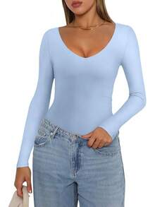 V Neck Long Sleeve Bodysuit - Comfy Double Lined Basic Top - Light Blue - View 4