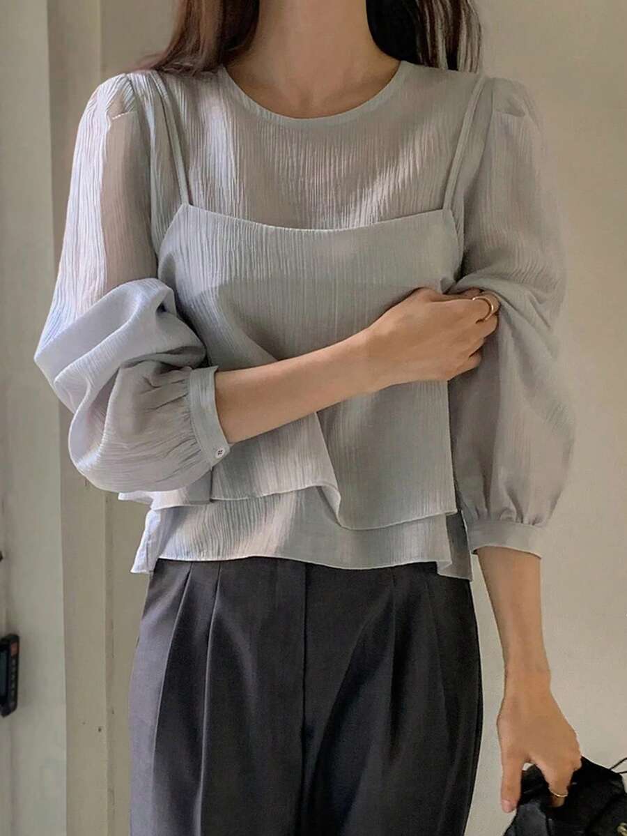 女士时尚长袖衬衫上衣+吊带背心叠穿套装，纯色优雅，适合办公室和休闲场合，春秋季 - 灰色 - 查看 1