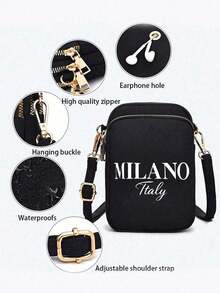 1pc Fashion Black Casual Mini Handbag With "Milano" Text & Pattern, Featuring Phone Pouch, Coin Purse, Women's Crossbody Phone Bag, Shoulder Bag, Wallet, Lightweight & Odorless Polyester Travel Bag - Multicolor - View 6