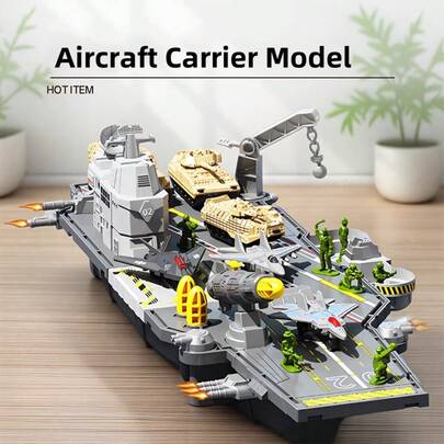 Juego de ensamblaje de portaaviones para niños, incluye pequeños soldados, 6 aviones, 4 coches pequeños, con función de almacenamiento en la parte inferior del portaaviones para guardar coches y aviones
