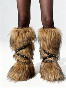 2025 Winter Knee High Boots Pull-On Faux Fur Boots Furry Fluffy Round Toe Strap Boots For Women Suede Comfy Plush Warm Outdoor Indoor Flat Shoes Punk Party Dressy Women EdgyElongate Winter Autumn Fall Christmas Boots - 棕色 - 查看 4