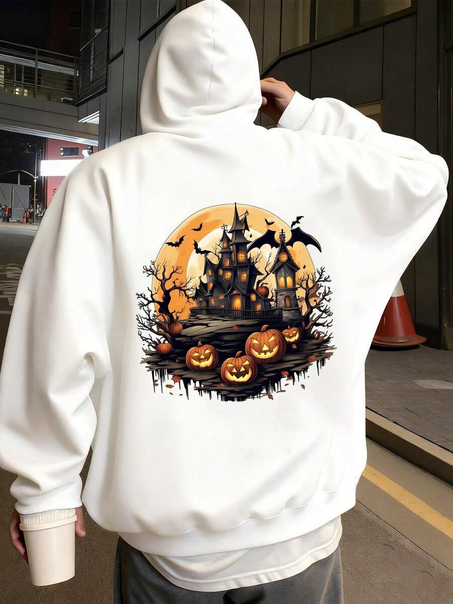 A Hoodie Printed With Halloween-Themed Patterns And The Words "Happy Halloween". The Pattern Combines Halloween Cultural Elements With A Dark Style, Featuring A Unique Design. It Adopts A Casual Crewneck Pullover Design, Suitable For Wearing During Halloween, And Is Machine Washable. - White - View 1