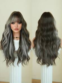 7JHH WIGS Long Wave Brown & Gray Highlight Wigs For Women - Loose Fluffy Wavy Curly Wig With Bangs, Full Machine High Density Synthetic Heat Resistant Fiber Hair Wigs For Daily Wear,Halloween Cosplay & Music Festival Party Use 26 Inch - 挑染灰色 - 查看 5