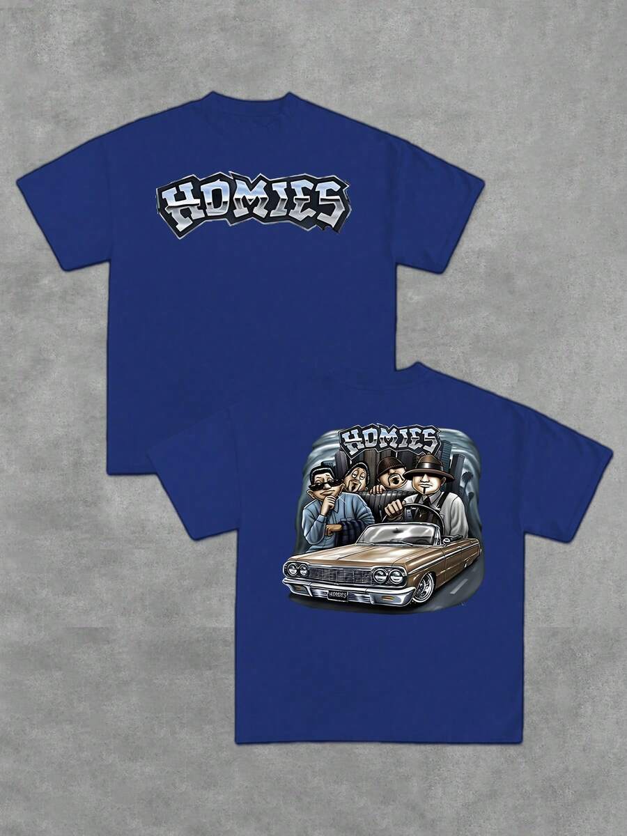 1Pcs 100% Cotton Classic Car And Homies Double Sided Digital Printed T Shirt Stylish Casual Graphic Tee Men's 220g Heavyweight Tee - 藍色 - 查看 1
