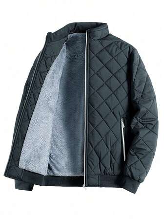 Men's Contrast Color Diamond Pattern Thermal Lined Long Sleeve Coat
