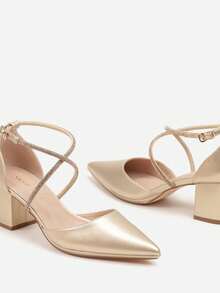 Elegant Pointed Toe Block Heel Pumps - Women's Evening/Party Shoes - Gold - View 6