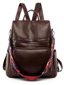 Backpack 2024 Women's Bag LARGE School Work Travel Synthetic Leather - 咖啡棕 - 查看 11