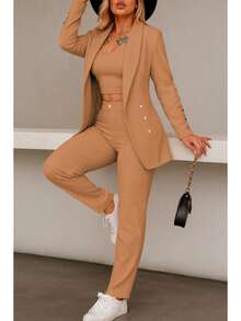 Conjunto elegante de blazer y pantalón de manga larga con cuello chal y doble botonadura para mujer, tejido elástico medio. - Caqui - Ver 3
