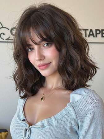 12 英寸亚麻黑棕色短波浪发合成耐热假发女士假发带刘海，适合日常和派对角色扮演使用