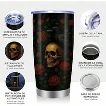 Taza Aislada de 20 oz Día de los Muertos y Halloween - Aislamiento de Doble Pared, Diseño de Calavera y Catrinas - Ideal para Café y Agua - Decoración Festiva para el Hogar o la Oficina (Múltiples Colores) - Rojo - Ver 4
