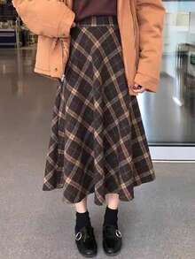 Chân váy kẻ caro EARO Chic dành cho nữ, thời trang, dáng rộng, tôn dáng, đa năng. - màu nâu - Xem 3