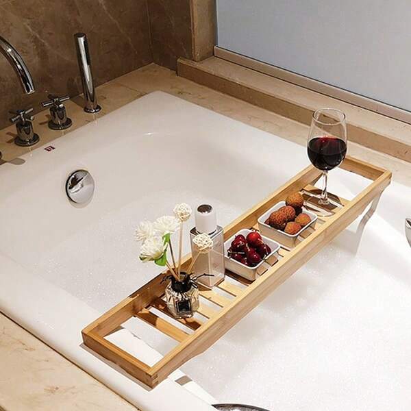 1 pieza Bandeja de bambú para bañera, estante de madera vintage de color no expandible para bañera, bandeja de bañera no ajustable, soporte para tableta/teléfono/libro, regalo pensado para seres queridos, accesorios de baño, regalo de inauguración de casa