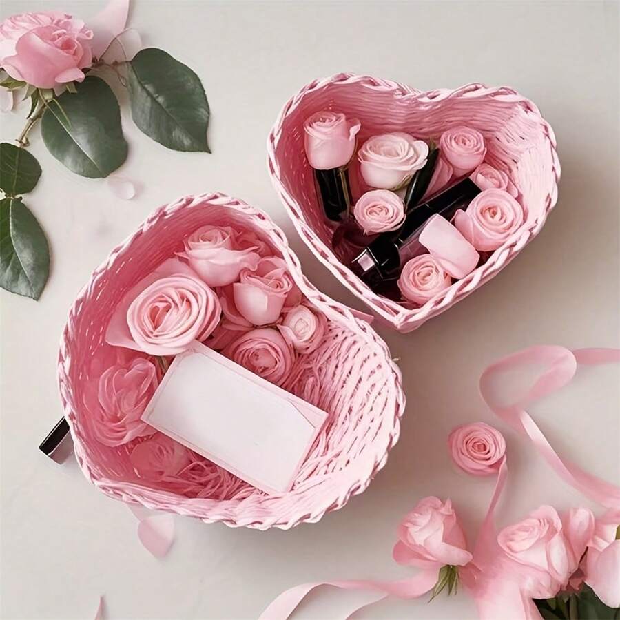 2 Pcs Heart Shaped Basket Rattan Woven Jewelry Small Items Storage Box For Valentine's Day Wedding Home - Pink - View 1