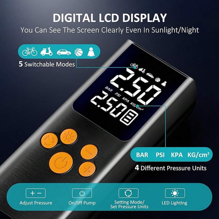 Compresor de Aire Inalámbrico, 150PSI Inflador de Llantas Portátil con Pantalla LED Inteligente, 80W Bomba de Aire con Batería 6000mAh, Apto para Inflar y Presurizar Bicicletas, Autos, Motos y Balones - Inflador de neumáticos A6 - Ver 1