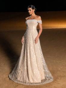 Faeriesty Haute Glamour Gorgeous Beaded Sequined Evening Gown With Off-Shoulder & Floor-Length Flow - Shimmering Underwater Fantasy Dress For Oceanfront Fashion Shows, Luxury Parties & Aquatic Editorials