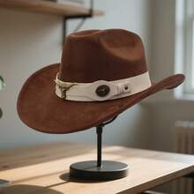 Sombreros vaqueros retro de ala ancha estilo fedora para mujer y hombre - marrón café - Ver 4