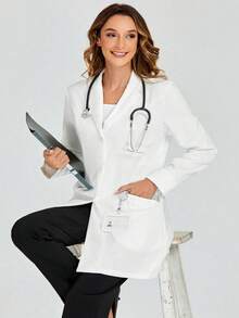 cimmuovere 加大码女式翻领双口袋前开长袖手术服护士服工作服牙医保健宠物医院实验室外套