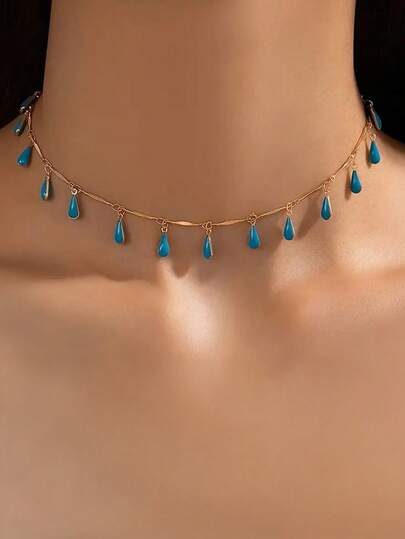 1 件优雅时尚的蓝色泪珠吊坠项链，颈链式项链适合日常佩戴、派对佩戴、赠送朋友，多功能珠宝设计，精致，适合男士和女士